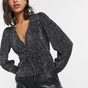 Zara Pleated Surplice V Neck Faux Wrap Blouse Top Polka Dots Long Sleeves Medium